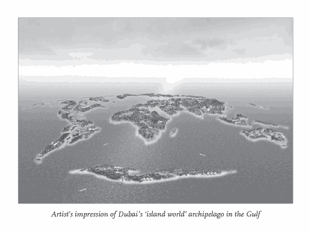 Artist's impression of Dubai's 'island world' archipelago in the Gulf, an impossible perspective looking over the islands in the ocean stretching towards the bright horizon, that seem to form a semi-accurate Mercator map