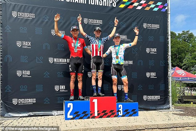 White is seen on the podium during the UCI Cyclocross World Championships in 2022