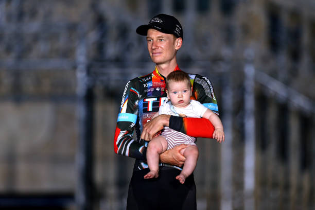 jack-haig-of-australia-and-team-bahrain-victorious-and-his-baby-the-picture-id1338512861